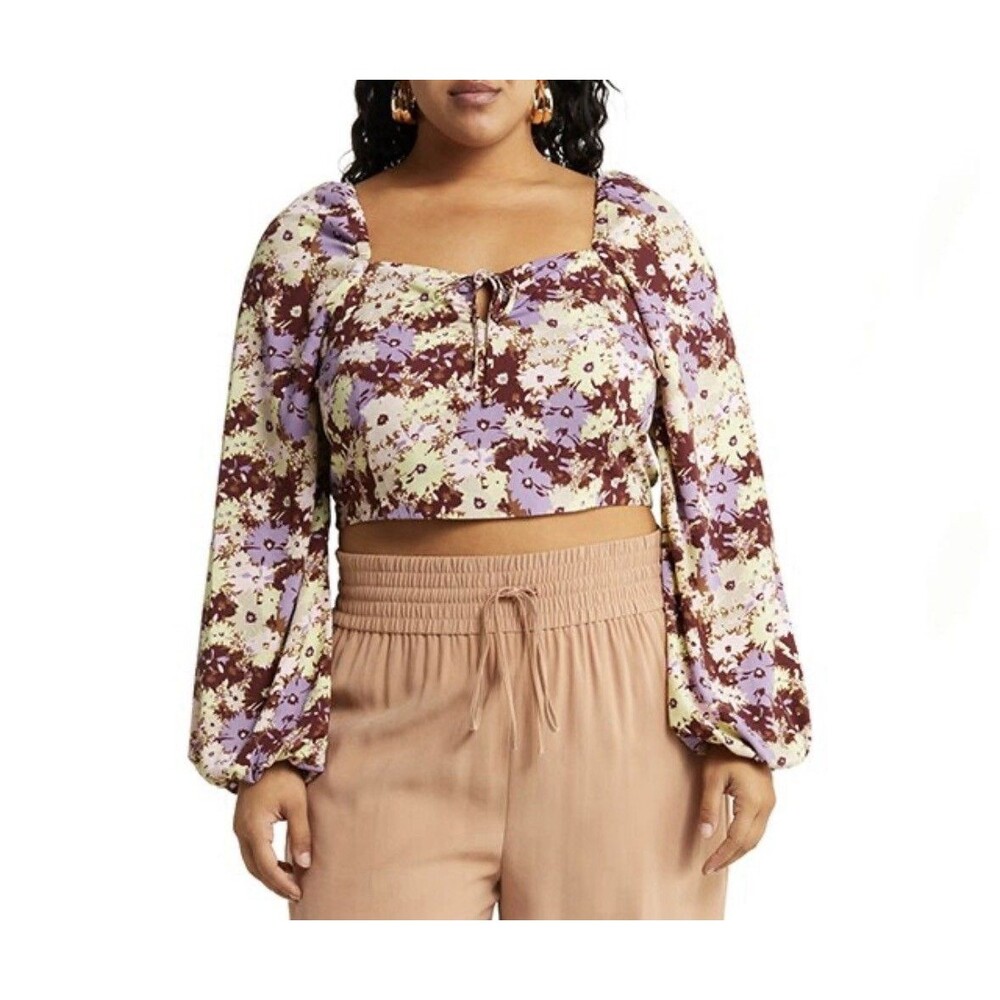 OPEN EDIT Crop Top 2X‎ Puff Sleeve Long Sleeve Elastic Back,  NWT